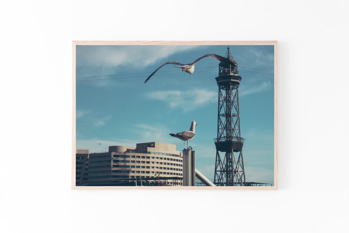 Barcelona skyline Print, Printable Wall Art, Seagulls Blue Sky Harbour - prints-actually