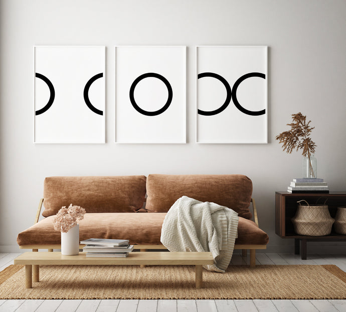 Set of 3 abstract prints, black and white circles, printable modern wall art - prints-actually