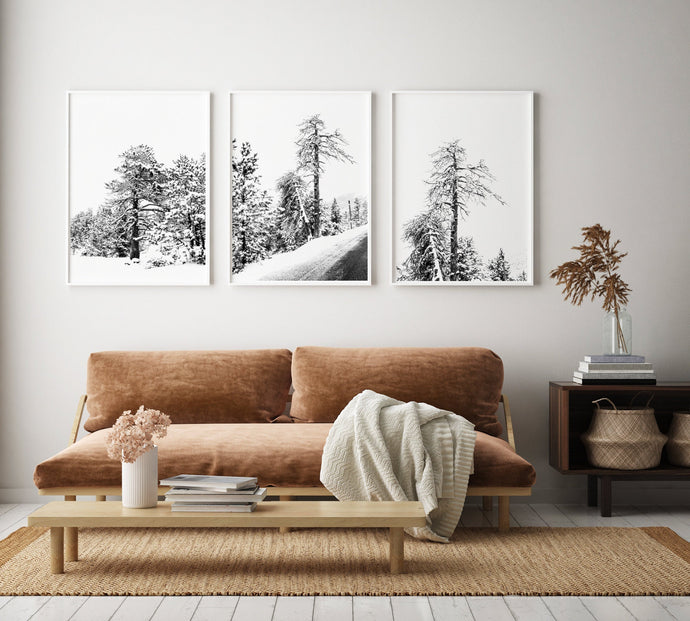 Set of 3 Snow on Trees Print, Black and White Prints, Printable Wall Art - prints-actually