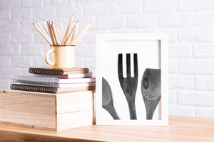 תמונה למטבח של כלי מטבח מעץ בשחור לבן, פרינט להדפסה