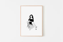 Load image into Gallery viewer, Parisian Woman Print Drinking Coffee Line Art Black and White Girl Illustration Drawing Poster Female Portrait Boho Decor Printable Wall Art
