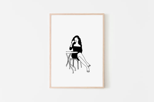 Parisian Woman Print Drinking Coffee Line Art Black and White Girl Illustration Drawing Poster Female Portrait Boho Decor Printable Wall Art