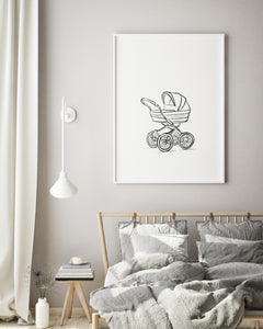Stroller nursery wall print, line drawing, printable wall art, baby carriage art