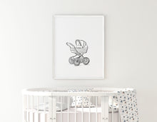 Load image into Gallery viewer, Stroller nursery wall print, line drawing, printable wall art, baby carriage art