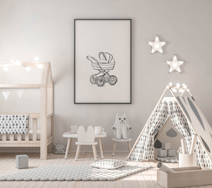 תמונת קיר לחדר ילדים עם ציור של עגלת תינוק, פרינט להדפסה