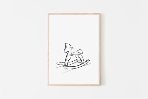 Rocking horse nursery wall print, line drawing, printable wall art, baby decor