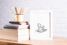 Load image into Gallery viewer, Rocking horse nursery wall print, line drawing, printable wall art, baby decor