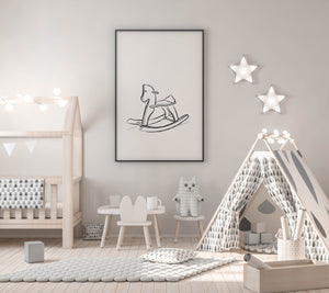 Rocking horse nursery wall print, line drawing, printable wall art, baby decor