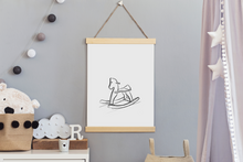 Load image into Gallery viewer, Rocking horse nursery wall print, line drawing, printable wall art, baby decor