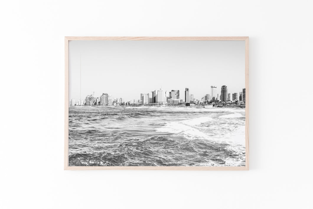 Tel Aviv skyline print, black and white printable wall art, Israel landscape - prints-actually