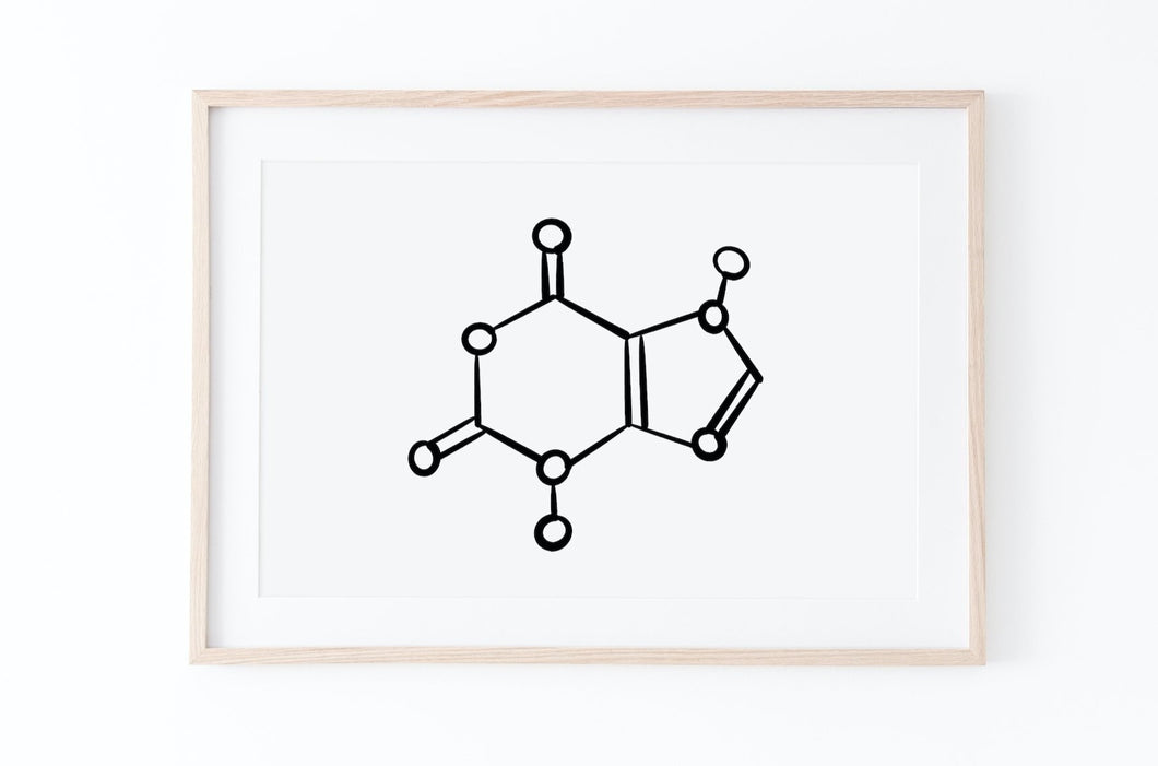 Chocolate Molecule print, theobromine, Molecule Poster, horizontal, Printable Wall Print, Minimalist Black White, cacao, Modern Art Decor